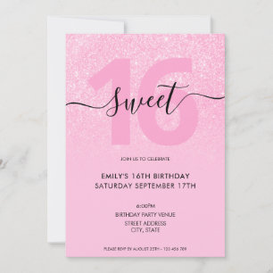 Modern Elegant Blush Pink Glitter Sweet 16 Kaart