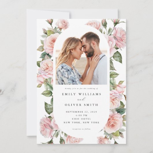 Modern Elegant Blush Roos Bloemen Foto bruiloft Kaart (Voorkant)