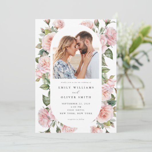 Modern Elegant Blush Roos Bloemen Foto bruiloft Kaart (Staand voorkant)
