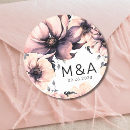 Modern Elegant Blush Roze Bloemen Bruiloft Ronde Sticker