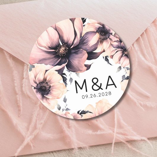 Modern Elegant Blush Roze Bloemen Bruiloft Ronde Sticker