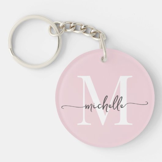 Modern Elegant Blush Roze Monogram Naam Script Sleutelhanger (Voorkant)