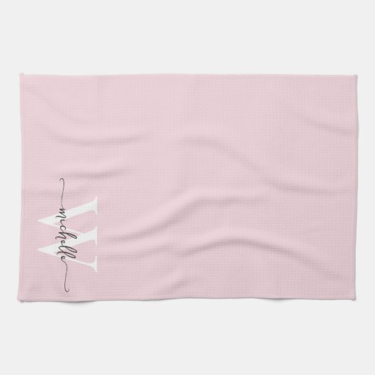 Modern Elegant Blush Roze Monogram Naam Script Theedoek (Horizontaal)