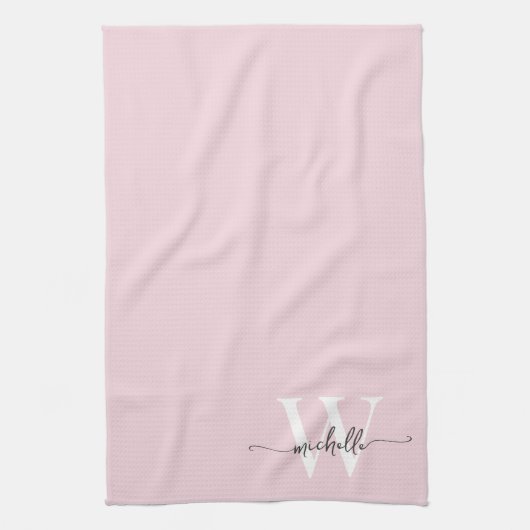 Modern Elegant Blush Roze Monogram Naam Script Theedoek (Verticaal)