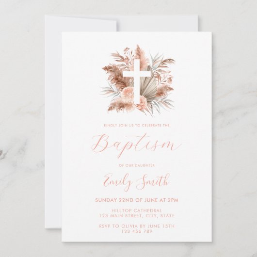 Modern Elegant Boho Bloemen Doop Kaart (Voorkant)