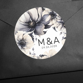 Modern Elegant Boho Zwart Wit Bloemen Bruiloft Ronde Sticker