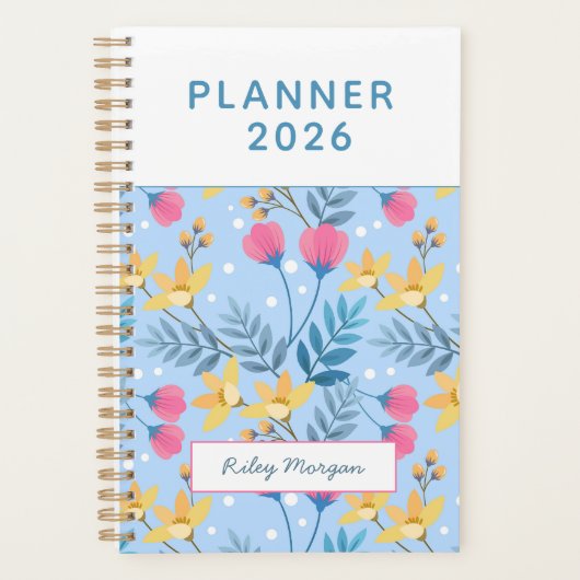 Modern Elegant Botanical Pink Blue Floral Planner (Voorkant)