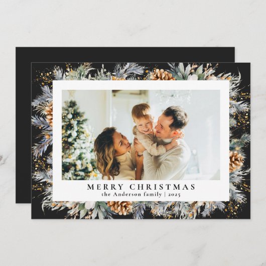 Modern elegant botanisch gebladerte | Zwarte kerst Feestdagenkaart (Voorkant / Achterkant)