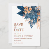 Modern Elegant Botanische Indigo Tuin Bruiloft Save The Date (Voorkant)