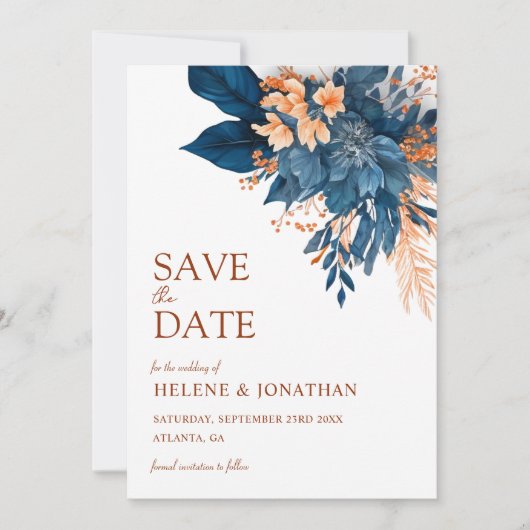 Modern Elegant Botanische Indigo Tuin Bruiloft Save The Date (Voorkant)