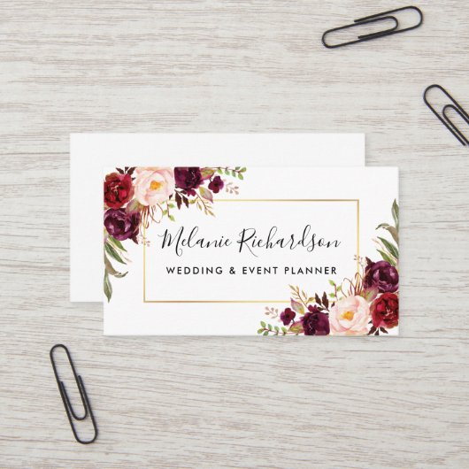 Modern Elegant Bourgogne Floral Gold Lijst Visitekaartje (Voorkant / Achterkant in situ)