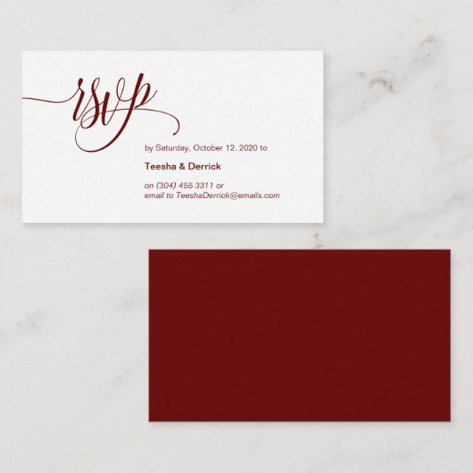 Modern Elegant, Bourgogne Manuscript, Buwende RSVP Informatiekaartje (Voorkant / Achterkant)