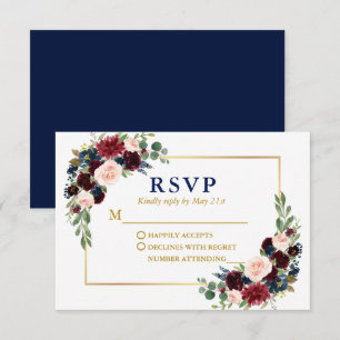Modern Elegant Bourgondië Blauw Bloemen Goud Bruil RSVP Kaartje