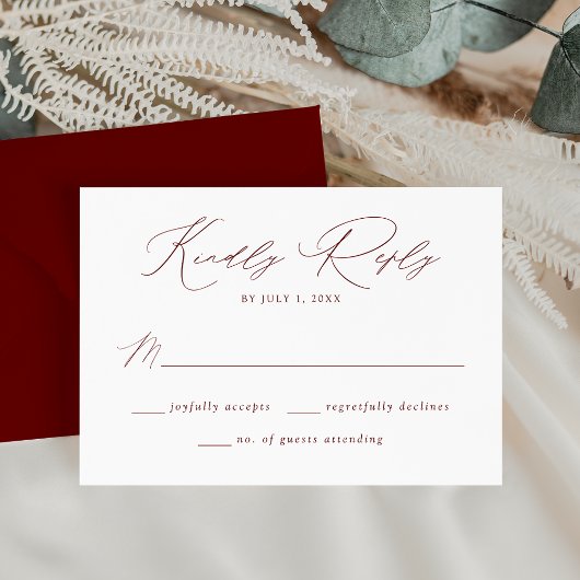 Modern Elegant Bourgondisch Script bruiloft RSVP Kaartje