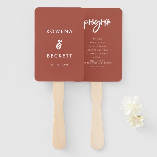 Modern elegant brnt brick trouwprogramma handwaaier (Voorkant en achterkant)