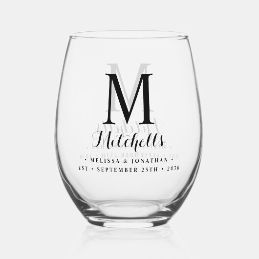 Modern Elegant Bruiloft Custom Monogram Naam Datum Wijnglas Zonder Voet (Voorkant)