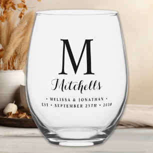 Modern Elegant Bruiloft Custom Monogram Naam Datum Wijnglas Zonder Voet