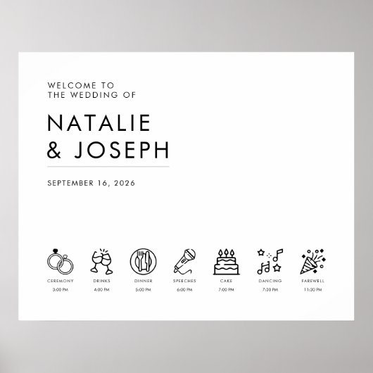 Modern Elegant Bruiloft Welkomstbord met Tijdlijn Poster (Voorkant)