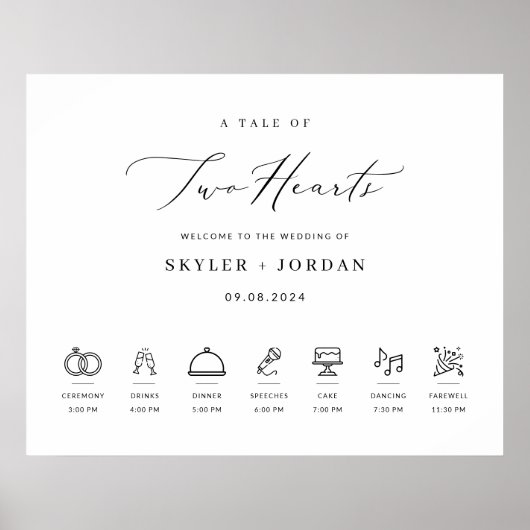 Modern Elegant Bruiloft Welkomstbord met Tijdlijn Poster (Voorkant)