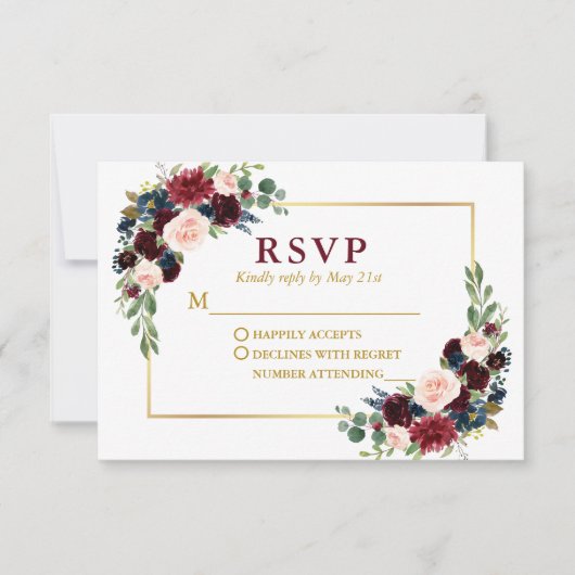 Modern Elegant Burgundy Blue Floral Wedding Gold RSVP Kaartje (Voorkant)