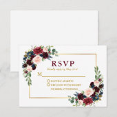 Modern Elegant Burgundy Blue Floral Wedding Gold RSVP Kaartje (Voorkant / Achterkant)