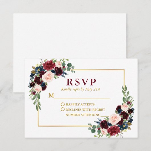 Modern Elegant Burgundy Blue Floral Wedding Gold RSVP Kaartje (Voorkant / Achterkant)