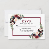Modern Elegant Burgundy Blue Floral Wedding RSVP Kaartje (Voorkant)