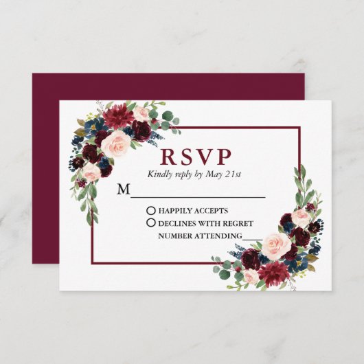 Modern Elegant Burgundy Blue Floral Wedding RSVP Kaartje (Voorkant / Achterkant)