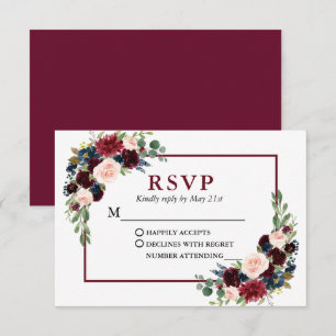 Modern Elegant Burgundy Blue Floral Wedding RSVP Kaartje