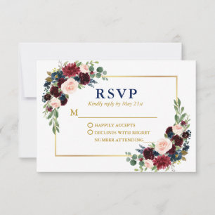 Modern Elegant Burgundy Floral Blue Wedding Gold RSVP Kaartje