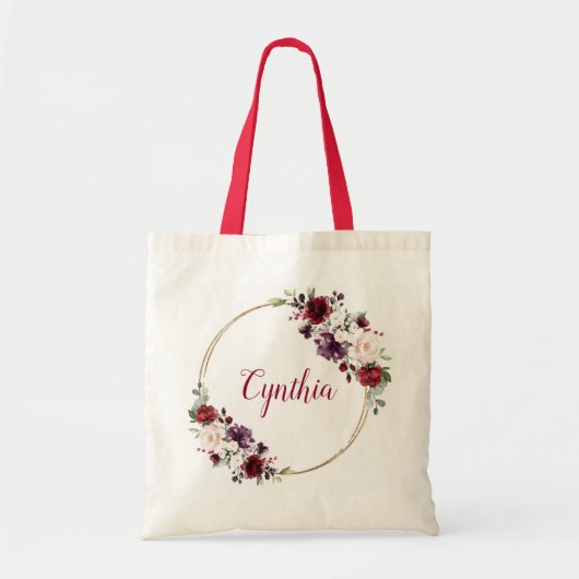 Modern Elegant Burgundy Floral Classy Monogram Tote Bag (Voorkant)