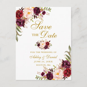 Modern Elegant Burgundy Floral Gold Save the Date Aankondigingskaart