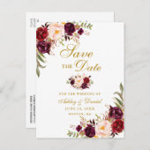 Modern Elegant Burgundy Floral Gold Save the Date Aankondigingskaart (Voorkant / Achterkant)