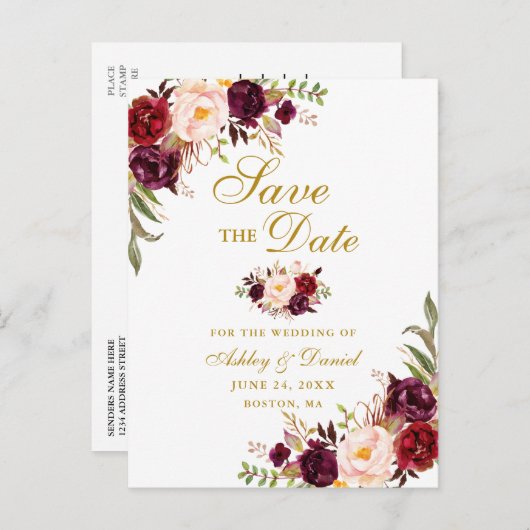 Modern Elegant Burgundy Floral Gold Save the Date Aankondigingskaart (Voorkant / Achterkant)