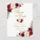 Modern Elegant Burgundy Floral Gold Save the Date Aankondigingskaart (Voorkant)