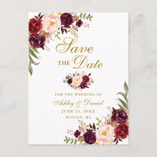 Modern Elegant Burgundy Floral Gold Save the Date Aankondigingskaart (Voorkant)