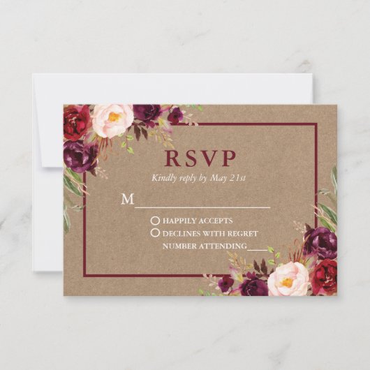 Modern Elegant Burgundy Floral Kraft Wedding RSVP Kaartje (Voorkant)