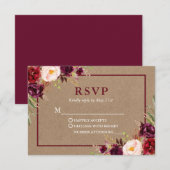 Modern Elegant Burgundy Floral Kraft Wedding RSVP Kaartje (Voorkant / Achterkant)