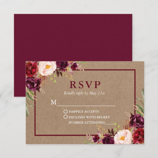 Modern Elegant Burgundy Floral Kraft Wedding RSVP Kaartje (Voorkant / Achterkant)