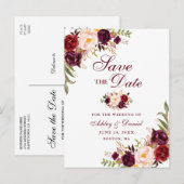 Modern Elegant Burgundy Floral Save the Date Aankondigingskaart (Voorkant / Achterkant)