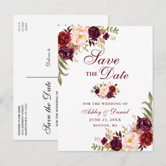 Modern Elegant Burgundy Floral Save the Date Aankondigingskaart (Voorkant / Achterkant)