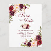 Modern Elegant Burgundy Floral Save the Date Aankondigingskaart (Voorkant)