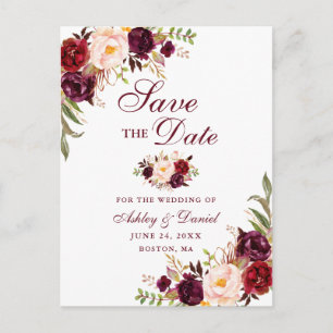 Modern Elegant Burgundy Floral Save the Date Aankondigingskaart