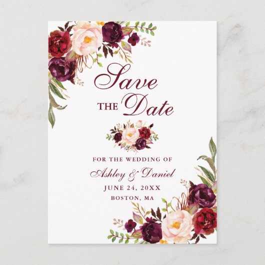 Modern Elegant Burgundy Floral Save the Date Aankondigingskaart (Voorkant)