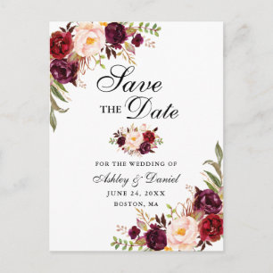 Modern Elegant Burgundy Floral Save the Date Blk Aankondigingskaart