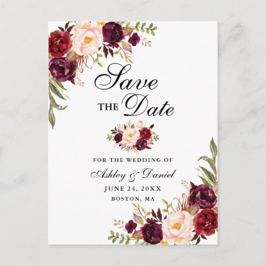 Modern Elegant Burgundy Floral Save the Date Blk Aankondigingskaart (Voorkant)