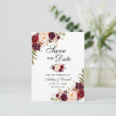 Modern Elegant Burgundy Floral Save the Date Blk Aankondigingskaart (Staand voorkant)
