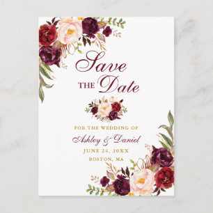 Modern Elegant Burgundy Floral Save the Date Gold Aankondigingskaart