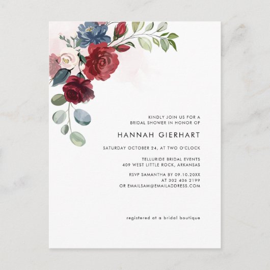 Modern Elegant Burgundy Floral Vrijgezellenfeest Uitnodiging Briefkaart (Voorkant)