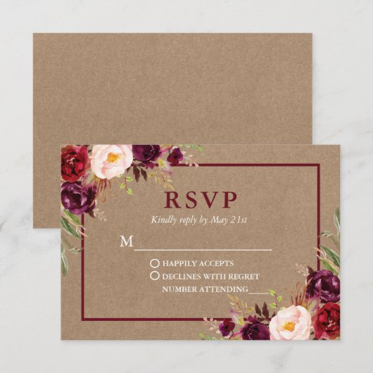 Modern Elegant Burgundy Floral Wedding Kraft RSVP Kaartje (Voorkant / Achterkant)
